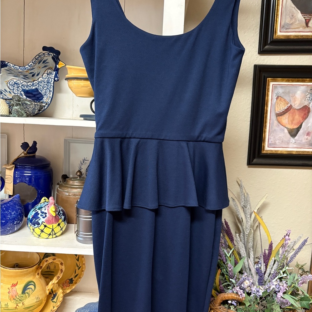 Blue Peplum Midi Dress with Scoop Neck